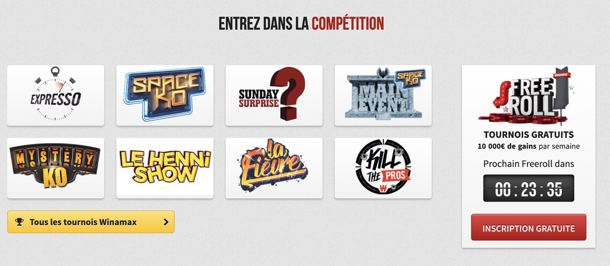 Tournois Winamax : Expresso, Space KO, Sunday Surprise, Main Event, Mystery KO et freerolls